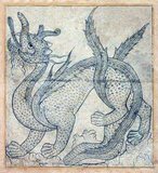 This representation of a dragon is stylistically similar to the 16th century Siyah Kalem school associated with Central Asia and the 'Conqueror Albums' of the Topkapi Sarai in Istanbul.<br/><br/>

Yet although related to the Siyah Kalem tradition, the dragon has evolved to be more typically Persian-Islamic in style, while traces of Chinese influence have diminshed.